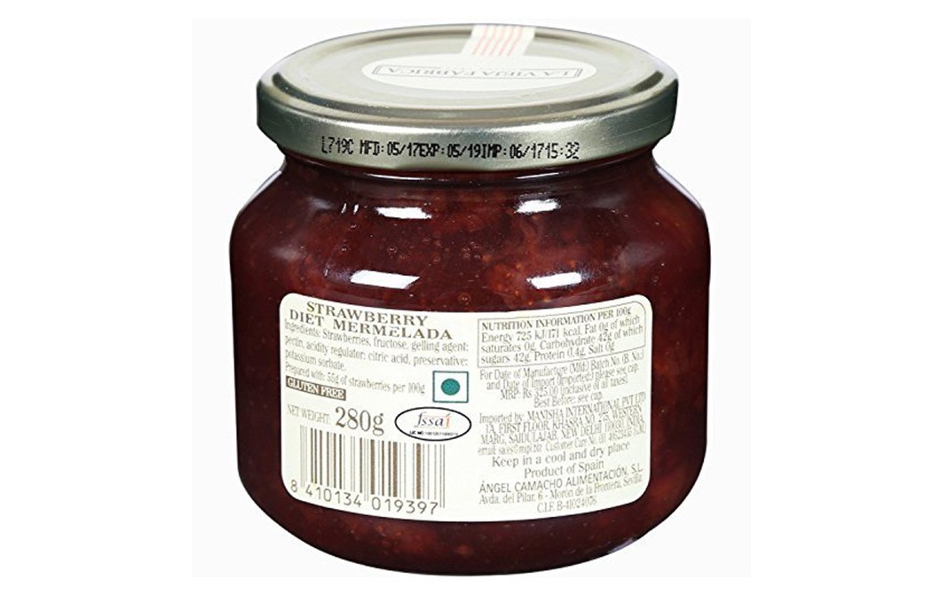 La Vieja Fabrica Strawberry Diet Mermelada (Jam)   Glass Jar  280 grams